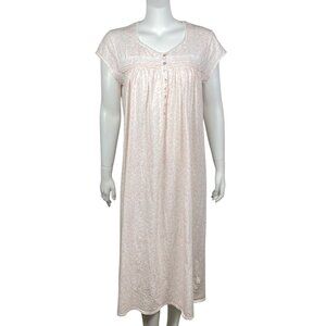 Eileen West Pink Floral Nightgown Size M Lace Trim Cap Sleeves 100% Cotton